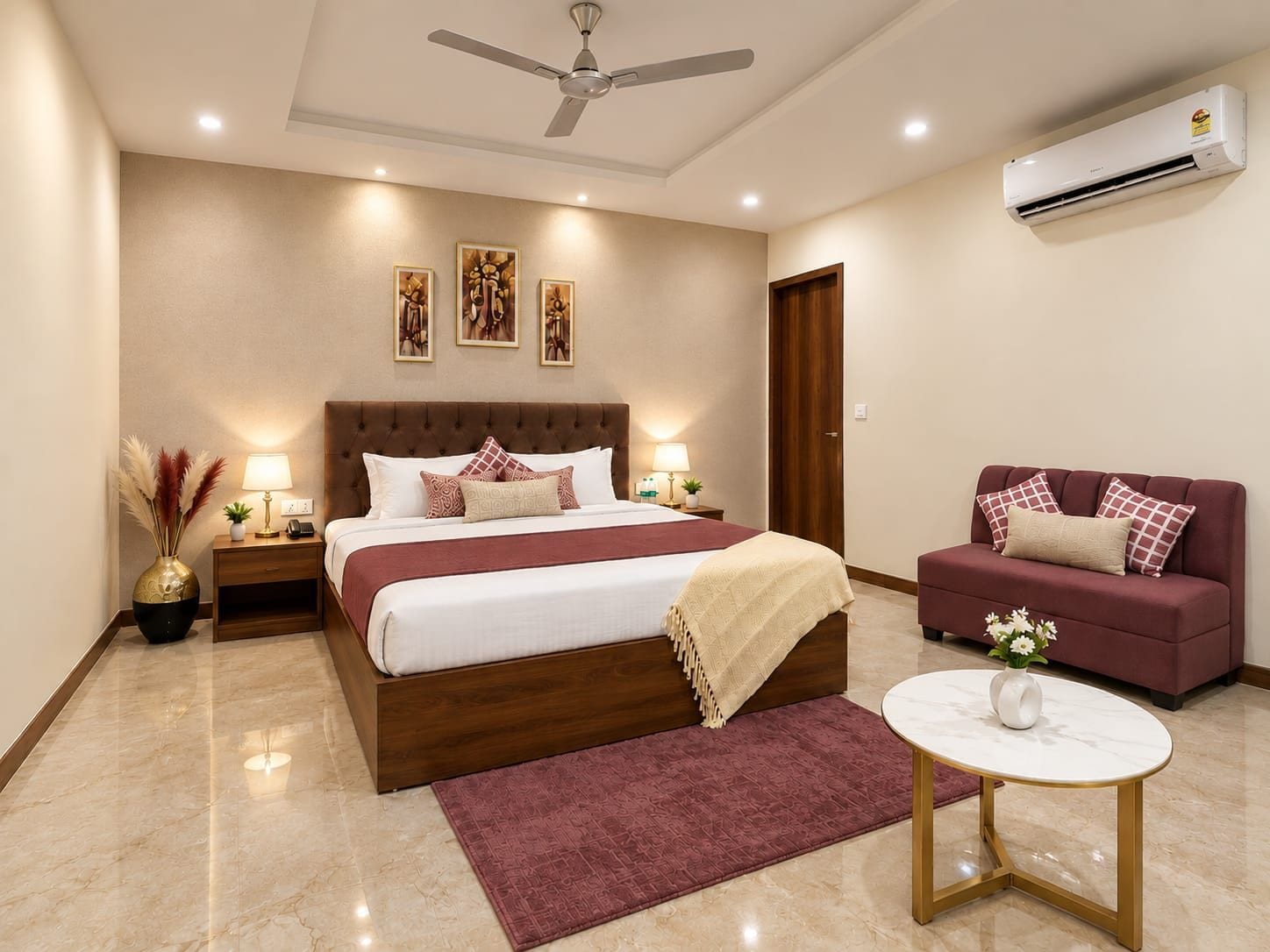 A modern bedroom with a large bed, a sofa, a small table, and an air conditioning unit.