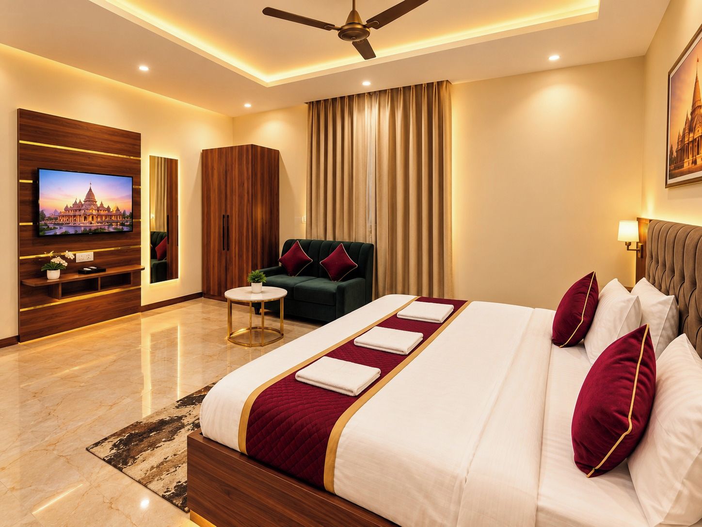 Una habitación de hotel moderna con una cama grande, un televisor, un sofá y un ventilador de techo.