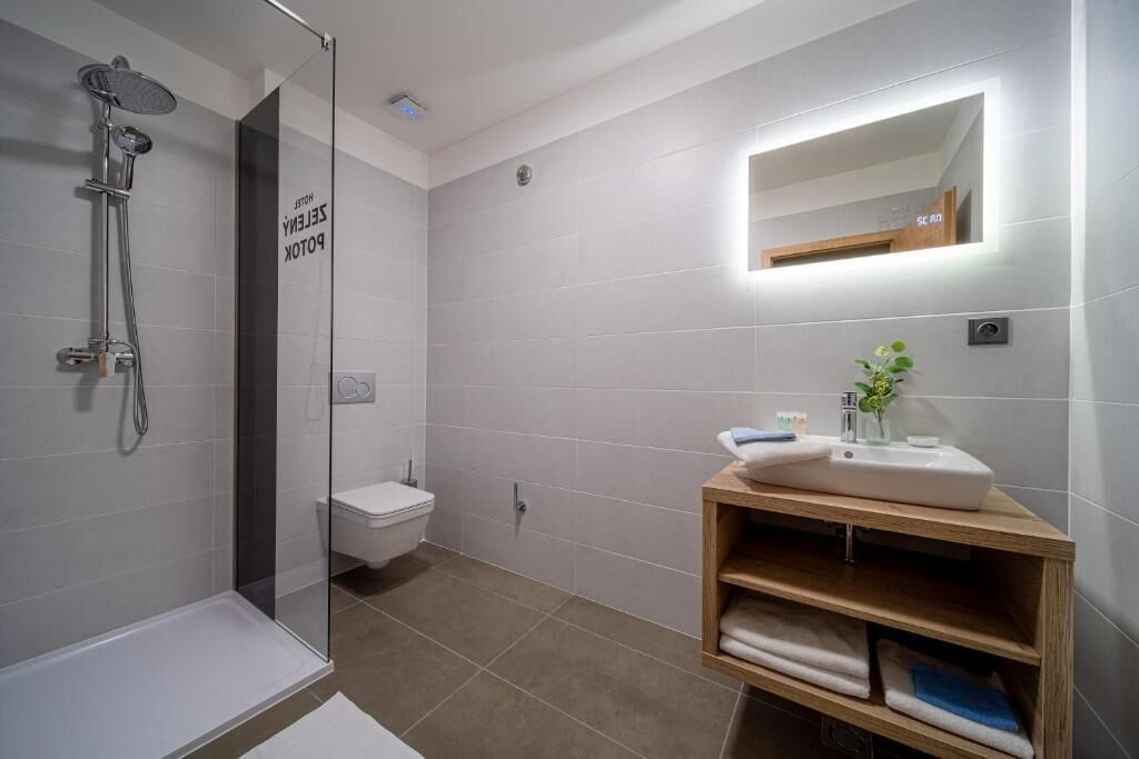 A modern bathroom with a glass-enclosed shower, a toilet, and a vanity with a mirror.