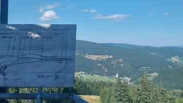 A sign with geographical and elevation details, a metal railing, and a view of a valley with trees and a distant structure.