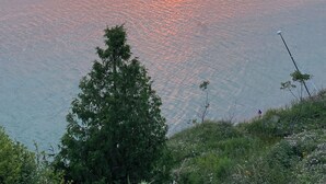 A sunset over a calm sea with a distant shoreline and a tree in the foreground. - Huron Lakefront Cottage Charming 8 bedrms 4bths 18+guests 8car/Hotub/pets . (Goderich)