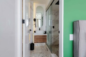 Chuveiro, secador de cabelo, toalhas de banho, shampoo