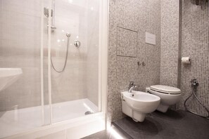 Shower, hair dryer, bidet, towels