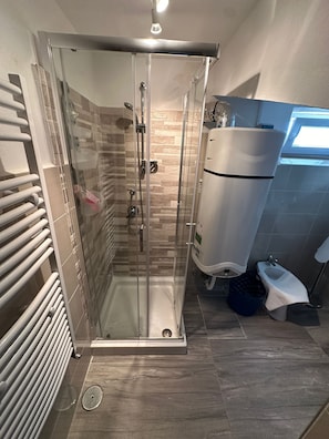 Hair dryer, bidet, towels, soap