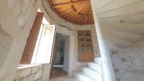 A narrow stone corridor with a wooden ceiling and a wooden door with glass panels. - TARN, NEAR CORDES SUR CIEL, SMALL FAMILY CHATEAU WITH COTTAGE (Campagnac)