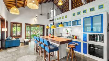 Fridge, microwave, high chair