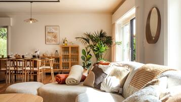 TV connectée, cheminée, livres, chaßne hi-fi