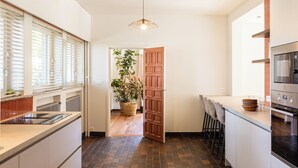 Una cocina moderna con una isla central, una puerta de madera y una planta en maceta.