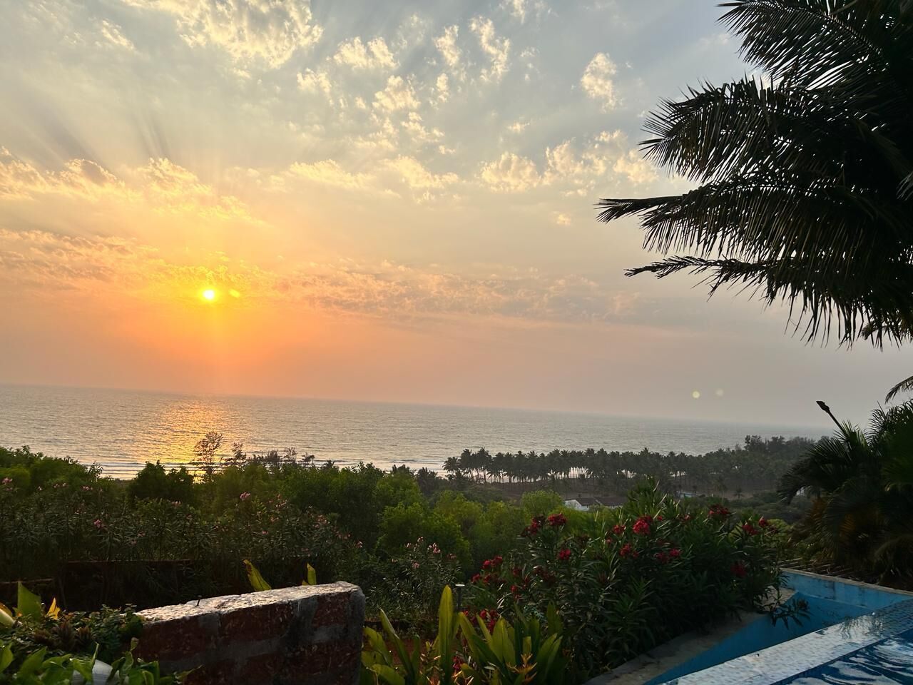 A sunset view over the ocean, palm trees, and a distant shoreline.