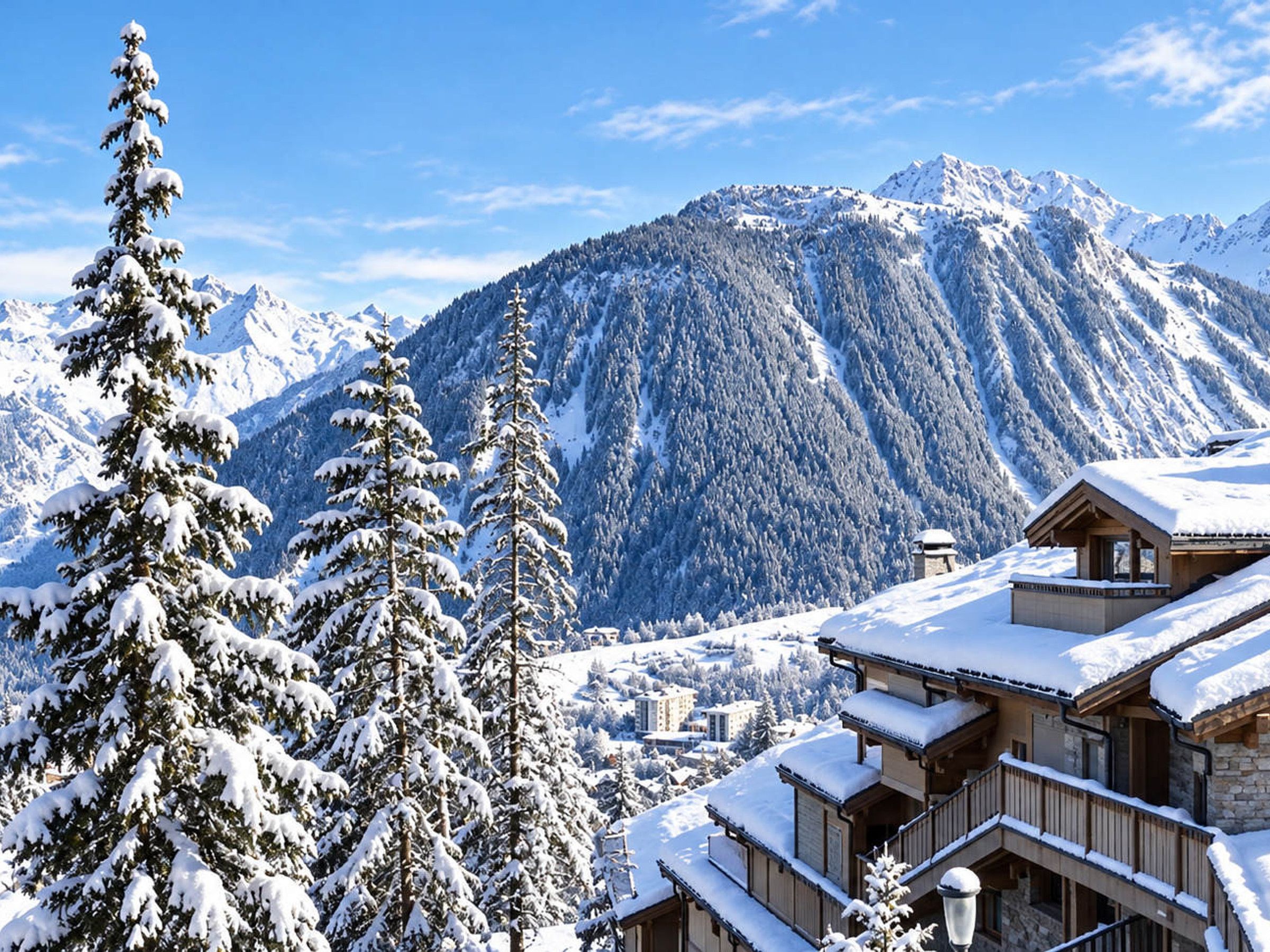 A snow-covered mountain landscape with a wooden chalet-style building featuring balconies and a stone facade.