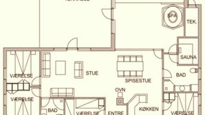 A floor plan with a pool, spa, sauna, and multiple ensuite bathrooms.