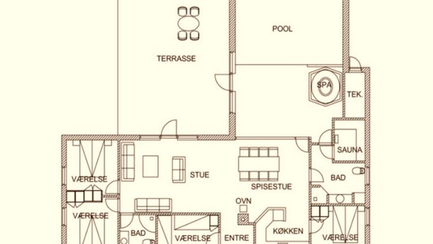 A floor plan with a pool, spa, terrace, and multiple ensuite bathrooms.
