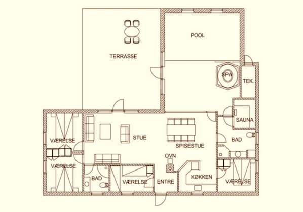 A floor plan with a pool, spa, terrace, and multiple ensuite bathrooms.