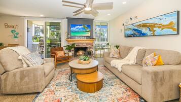 Smart TV, fireplace, foosball, table tennis