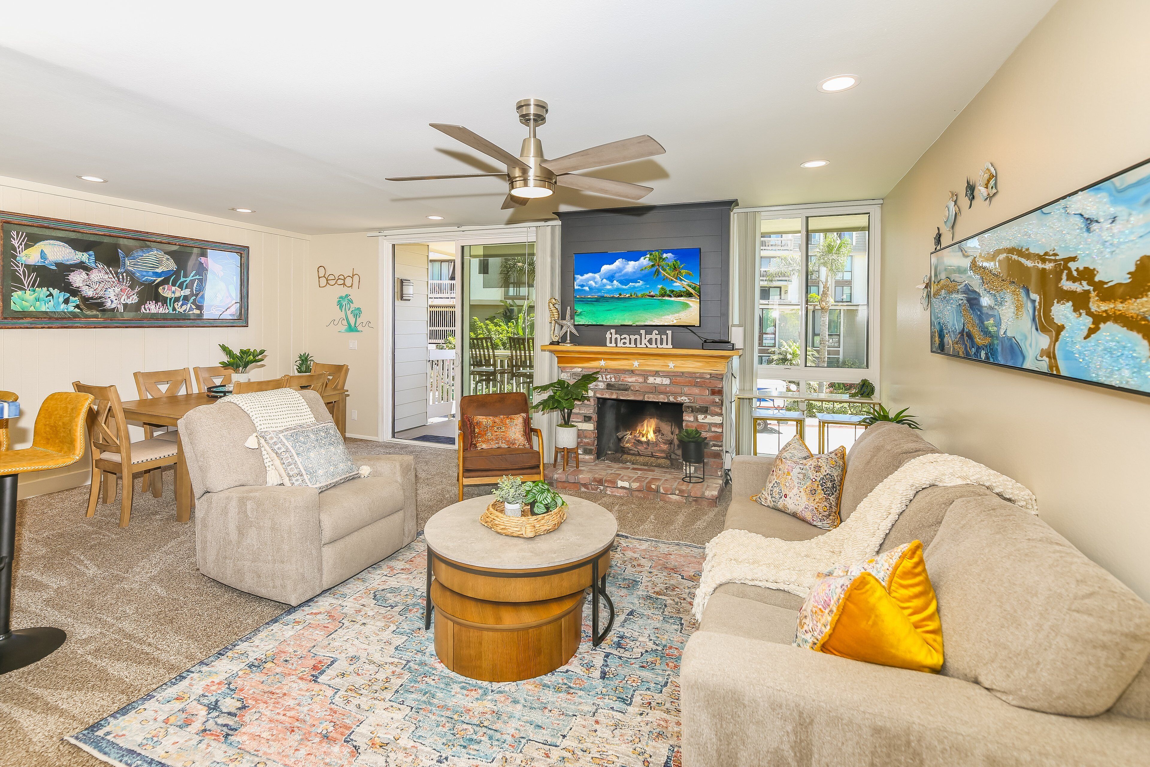 Smart TV, fireplace, foosball, table tennis