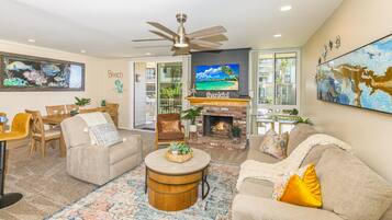 Smart TV, fireplace, foosball, table tennis