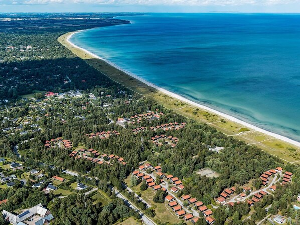 Vista aerea di una zona residenziale costiera con case, una spiaggia e una zona boschiva.