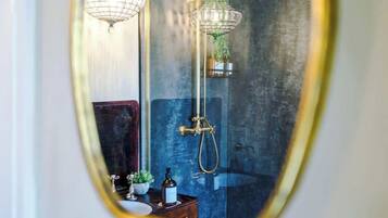 Shower, hair dryer, towels, shampoo