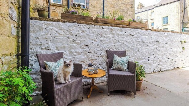 A stone wall, two wicker chairs with cushions, a small round table with two cups, and a potted plant. - Rufloreo Flats 1a  cosy and central (Derbyshire)