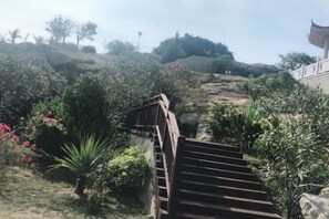 A wooden staircase leading up a hill with various plants and shrubs around.