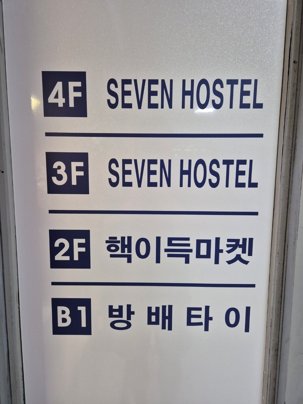 A sign with room numbers and names: 4F Seven Hostel, 3F Seven Hostel, 2F Cheongi Market, B1 Bangbae Tower.