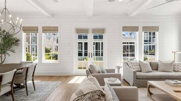 Smart TV, fireplace, books