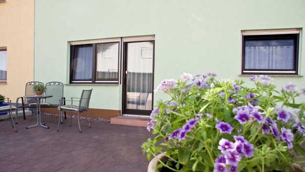 Un espace extérieur aménagé avec une table et des chaises, un pot de fleurs contenant des fleurs violettes, et un bâtiment à la façade vert clair et aux fenêtres.