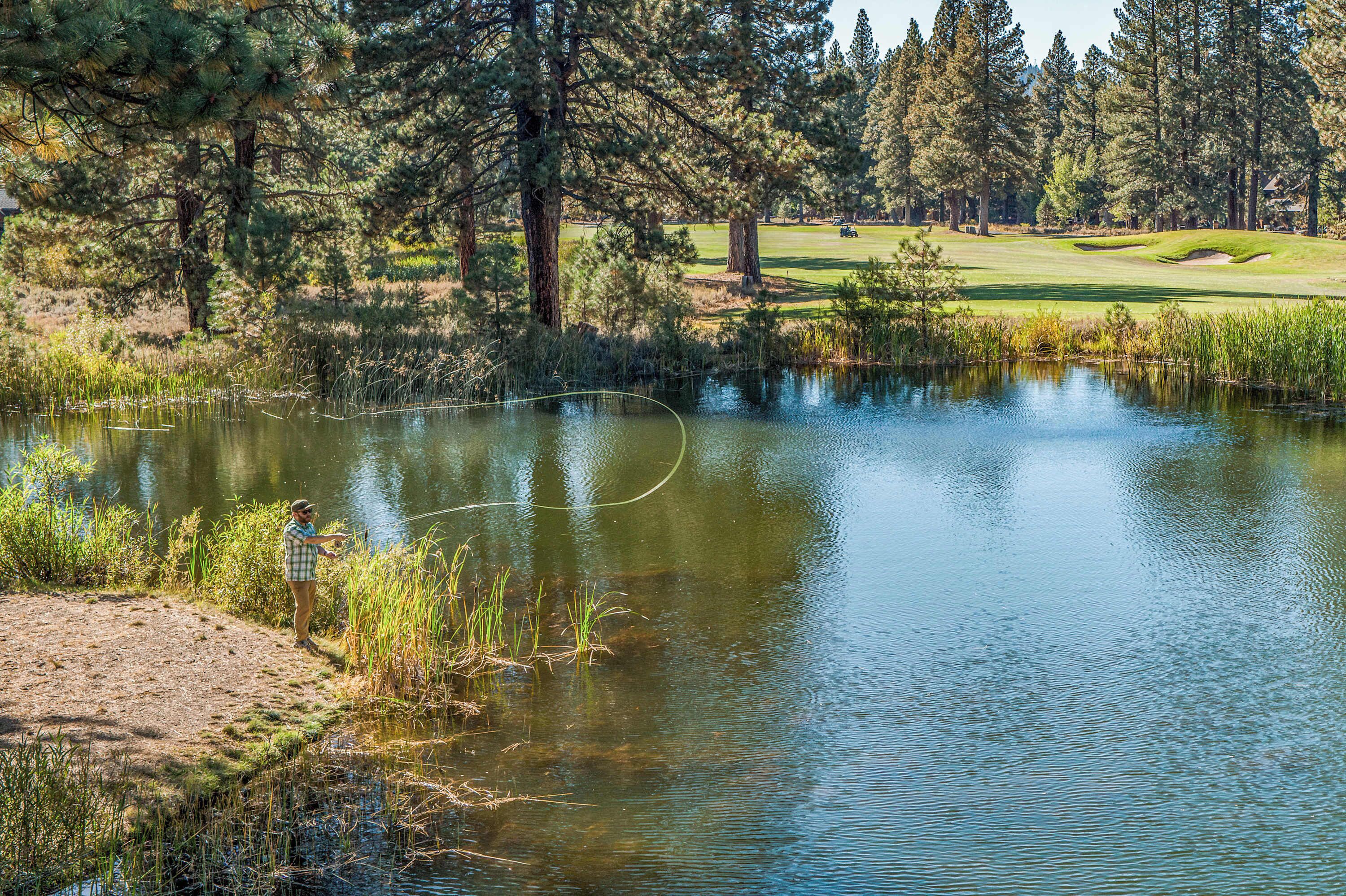 Un lago tranquilo con una persona pescando, rodeado de árboles frondosos y un campo de golf al fondo.