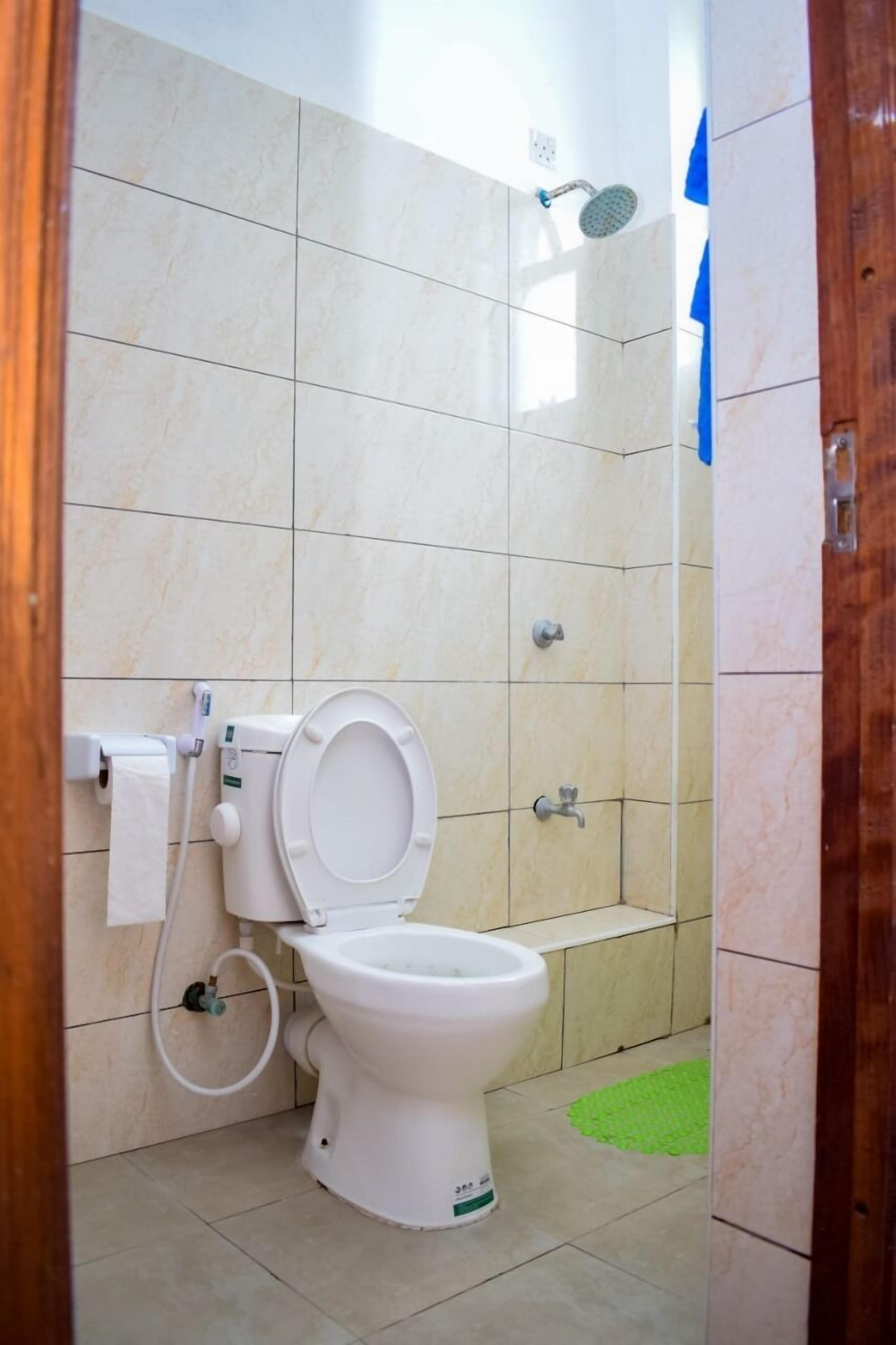 Et badeværelse med toilet, bruser og en grøn måtte på gulvet.