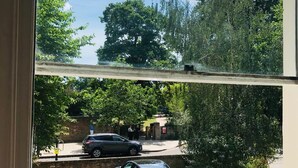 Une vue à travers une fenêtre sur un parking où sont garées deux voitures, avec un mur de briques et des arbres en arrière-plan.
