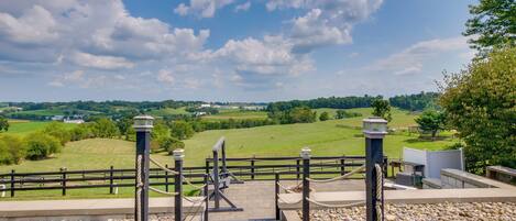A wooden deck with a metal railing overlooking a green landscape.
