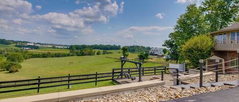 A scenic view of a park with a wooden deck, a metal railing, and a stone pathway.