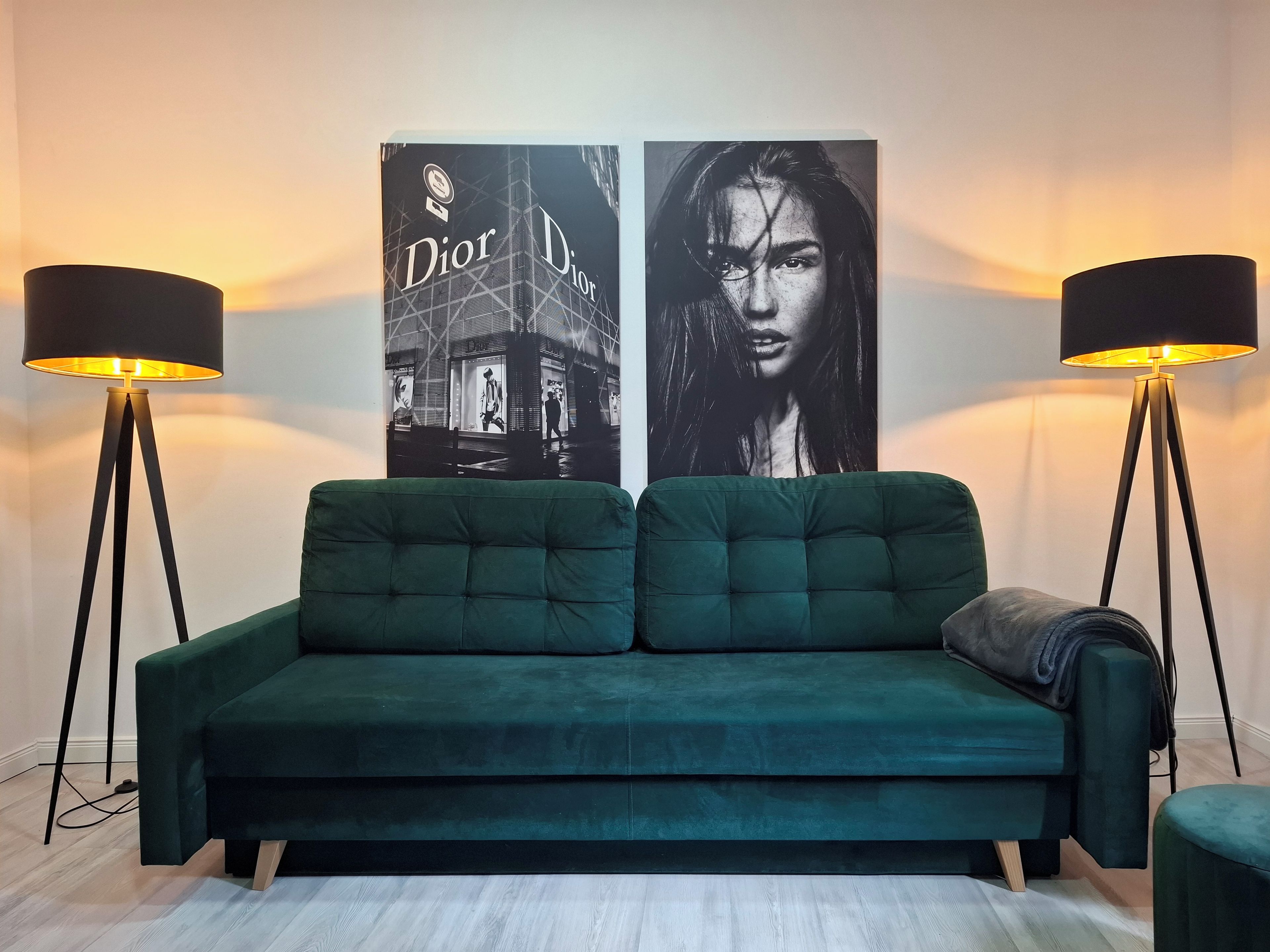 Un divano verde con un cuscino, due lampade da terra nere e un poster Dior sulla parete.