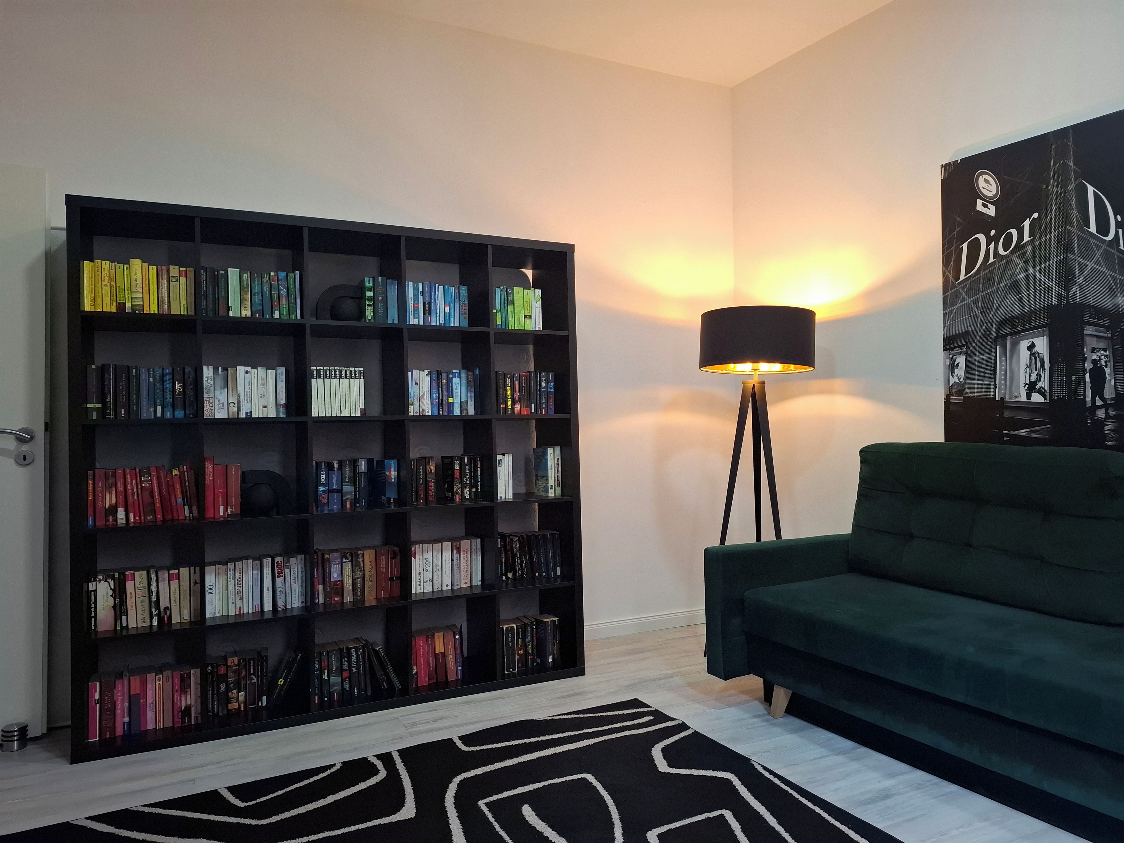 Ein Zimmer mit einem Bücherregal, einem grünen Sofa und einer Stehlampe.