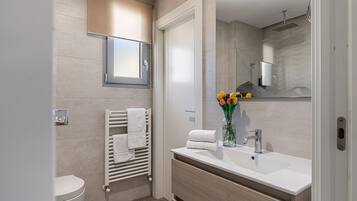 Regadera, secadora de cabello, toallas