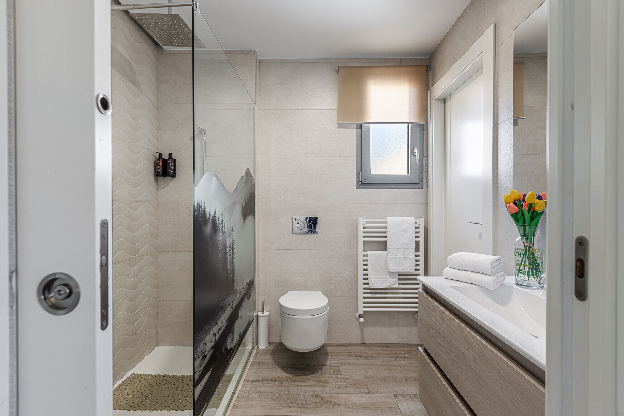 Regadera, secadora de cabello, toallas 