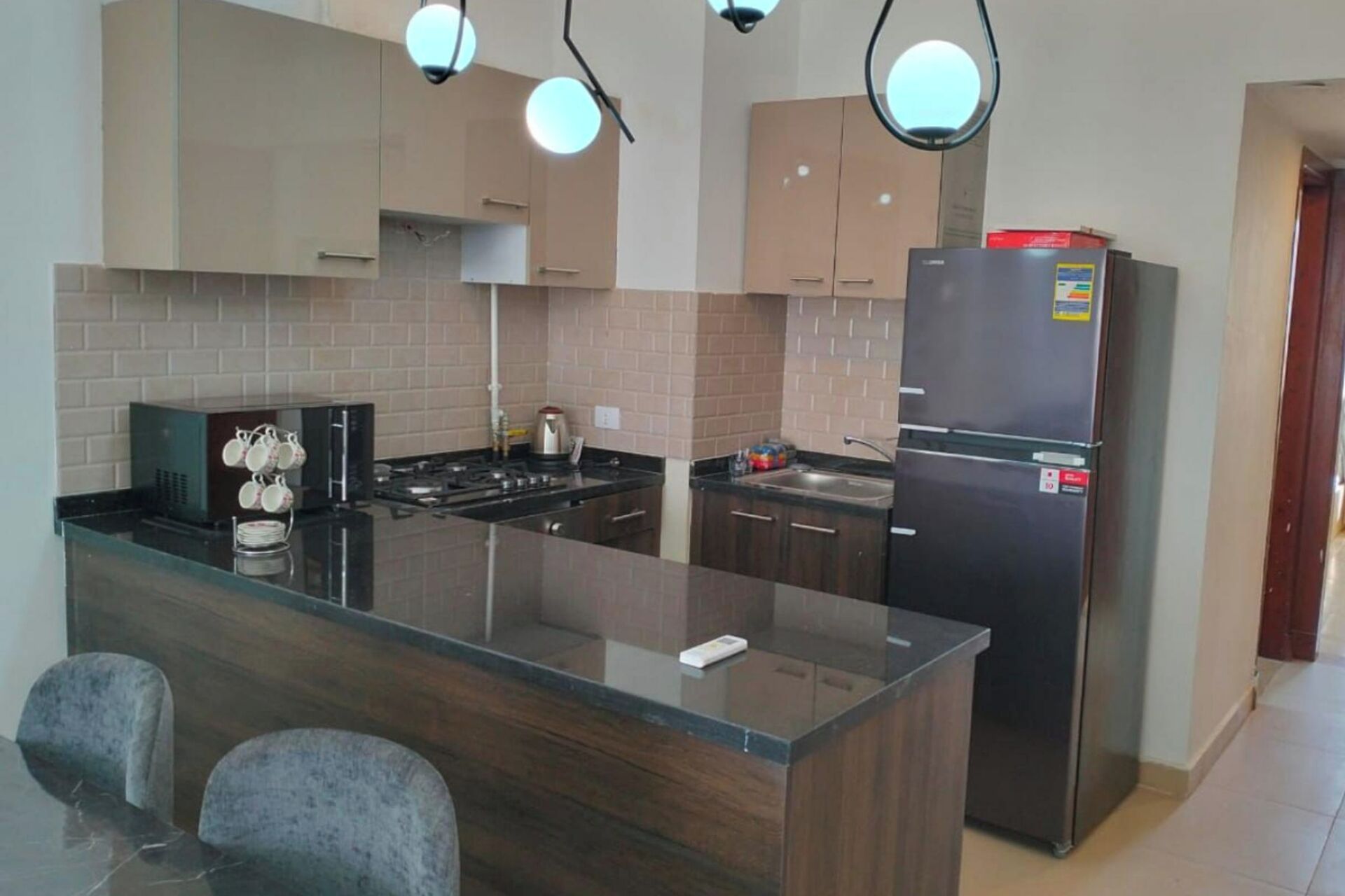 Fridge, microwave, oven, electric kettle