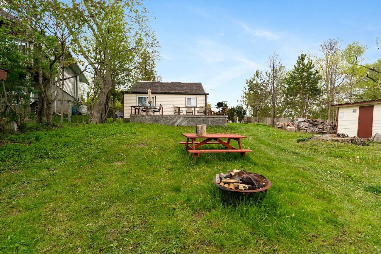Un patio trasero con césped, una mesa de picnic y una chimenea.