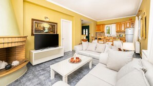 A living room with a TV, sofa, coffee table, and a fireplace.