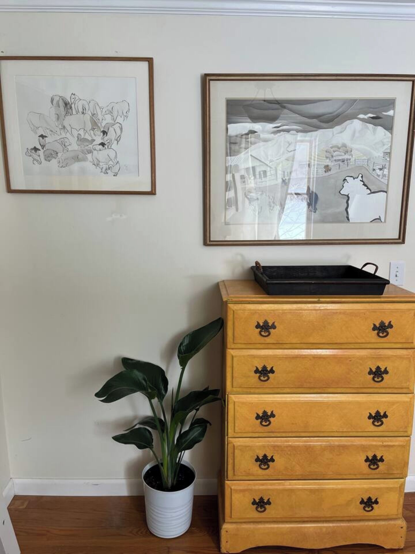 Een houten dressoir met lades en een plant ernaast.