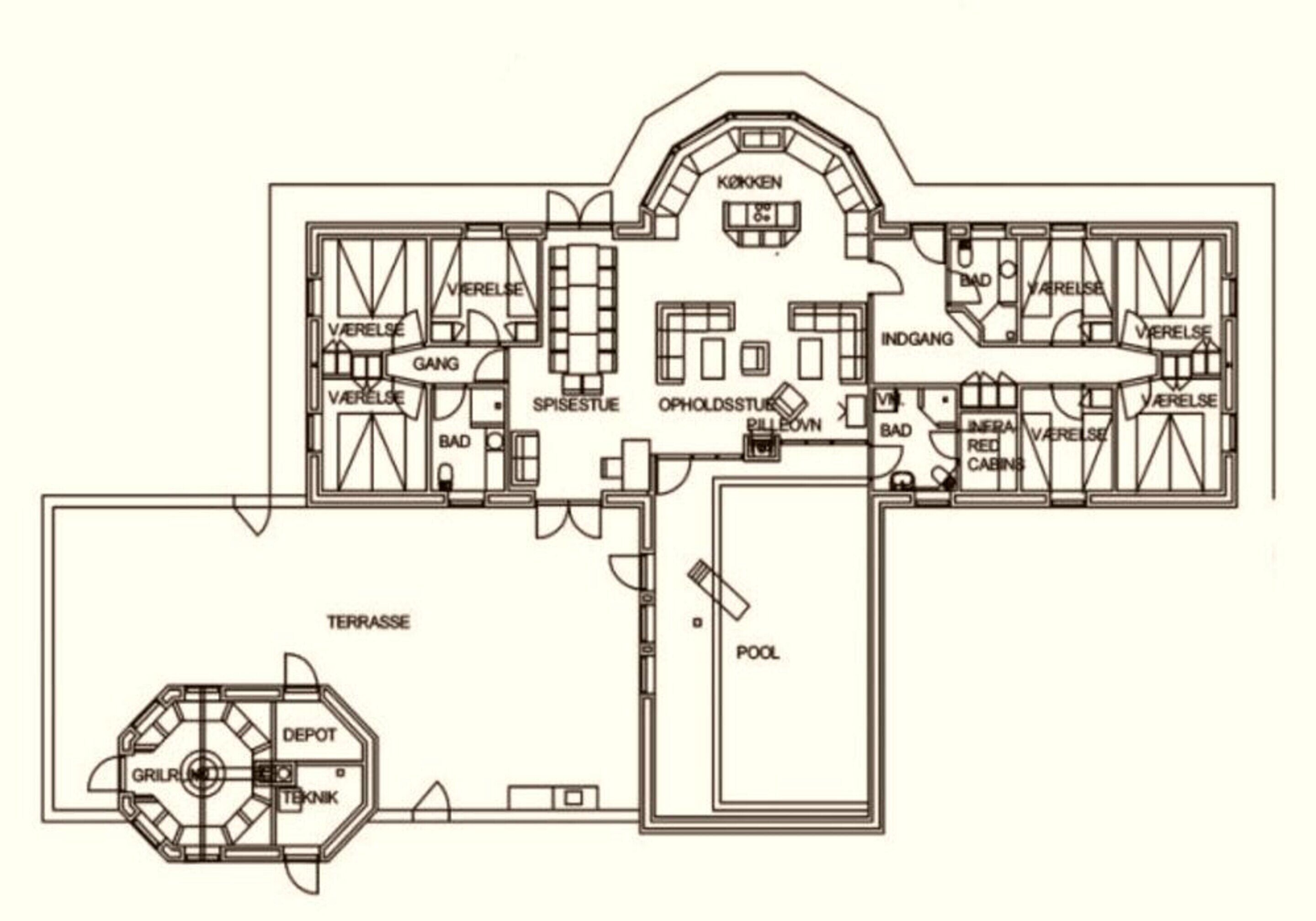 A floor plan with a kitchen, dining area, living room, and a pool.