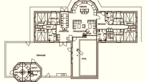 A floor plan with a kitchen, dining area, living room, and a pool. - 4 Star Holiday Home in Harboore (Harboore)