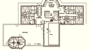 A floor plan with a kitchen, dining area, living room, and a pool. - 4 Star Holiday Home in Harboore (Harboore)