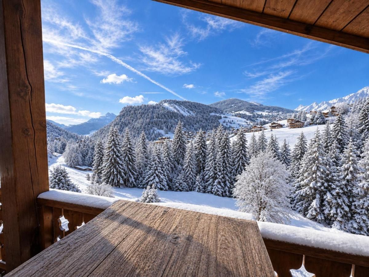 A wooden balcony with a view of a snow-covered landscape and mountains.