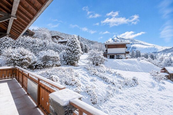 A snow-covered landscape with a wooden building and a mountain in the background.
