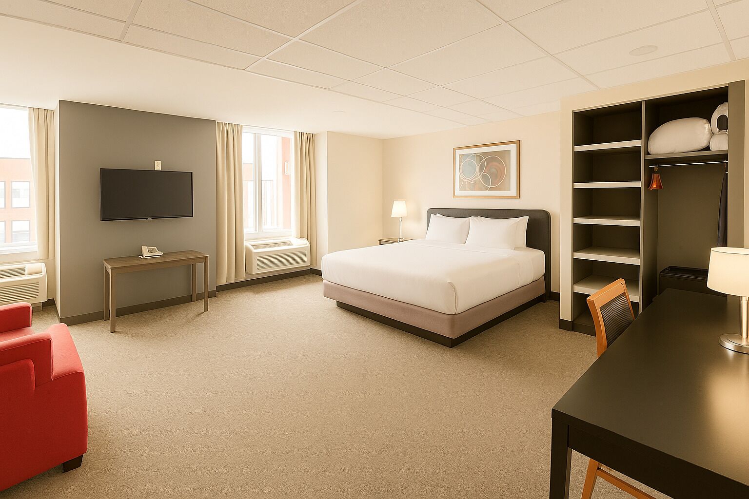 A hotel room with a bed, a TV, a desk, a chair, a red sofa, and a wardrobe.