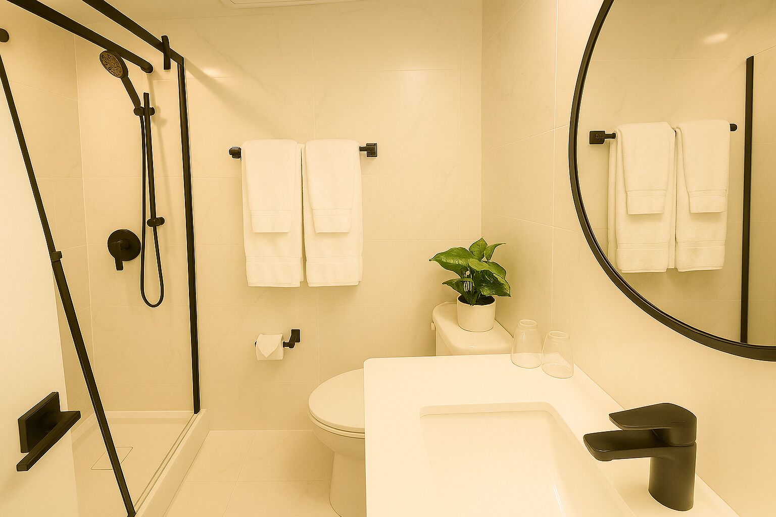 Un baño moderno con inodoro, lavabo, ducha y una planta en maceta.