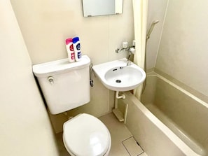 Hair dryer, towels, soap, shampoo