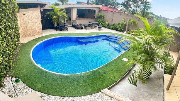 A swimming pool with a curved edge, surrounded by a well-maintained lawn and palm trees.