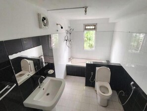 Ducha, secador de pelo, toallas y jabón